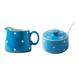CHOOLD Chic Polka Dot Ceramic Sugar and Creamer Set with Spoon Creamer Serving Set for Coffee and Tea(Pink/Blue/Yellow)