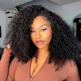 Peluca Media de Cabello Humano Rizado Afro, Densidad 200, 3 en 1, Sin Costuras, Pelucas Medias con Volteo, Cabello Humano Sin Pegamento, Ponerse y Lis