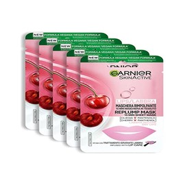 Garnier Pack of 5 Fabric Lip Mask and Moisturising Formula with Cherry and Panthenol