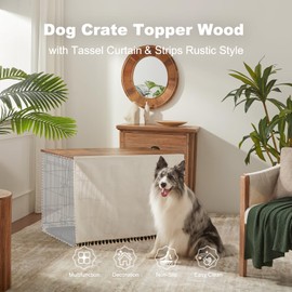 VIE DE AMAN Dog Crate Topper Wood for 48 42 36 24 inch Cages, Table Topper with Tassel Curtain, Rustic Style Dog Kennel Topper, Rustic Brown(Dog Crate Not Include)