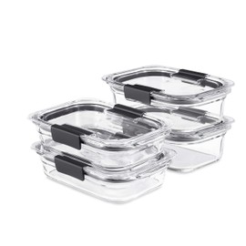 Rubbermaid Brilliance Glass Food Storage set of 4 containers 8 total pieces (4 containers + 4 lids) for Lunch Meal Prep and Leftovers Dishwasher and Oven Safe Clear/Grey