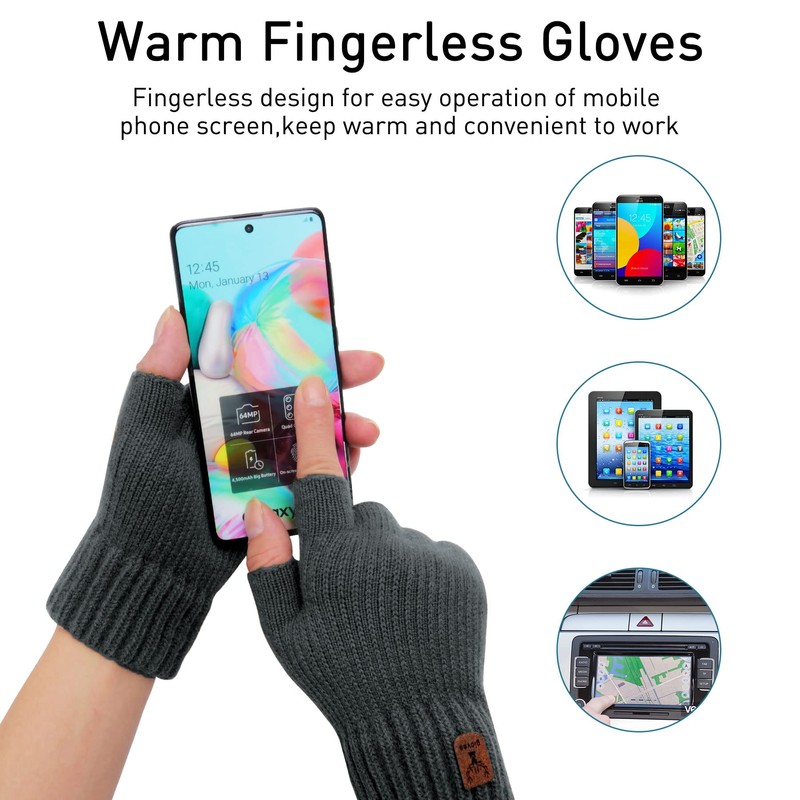 Kordear Men's Thermal Fingerless Gloves, Winter Fingerless Gloves, Knitted Gloves,