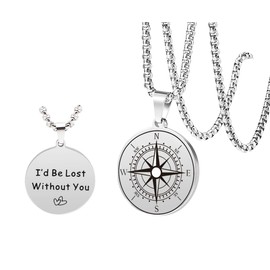JINGMARUO Compass Necklace for Men Travel Adventure Graduation Gift for Boyfriend Husband North Star Compass Necklace Engraved Backside Gift for Him (I'd Be Lost Without You)