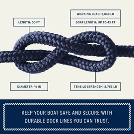 Rainier Supply Co. Boat Dock Lines & Rope - 30' x 3/4", 50' x 3/4' & 50' x 5/8", Boat Ropes for docking - Premium Double Braided Nylon Dock Rope - Mooring Line - Boat Rope - Navy Blue