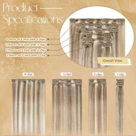 Blonde Human Hair Extensions Clip Ins 22 Inches 115g Light Brown Mixed Bleach Blonde Hair Clip in Extensions Real Human Hair Straight Silky #8/22/8 7pcs