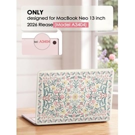 iCasso for MacBook Neo Case 13 inch 2026 Model A3404 with A18 Pro Chip, Vintage Protective Hard Shell Case & Keyboard Cover & Screen Film, Pink Boho Floral