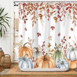 Fall Pumpkins Leaves Shower Curtain Yellow Orange Watercolor Eucalyptus Leaves Fabric Shower Curtain Set with Hooks, Autumn Thanksgiving Harvest Shower Curtains for Bathroom, 71x71 Bath Curtain
