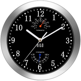 HITO 10 Inch Silent Wall Clock Battery Operated Non Ticking Glass Cover Silver Aluminum Frame, for Kitchen, Bedroom, Home Office, Living Room Decor (Black)