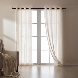 SLEEP ZONE Linen Jacquard Sheer Curtain, Striped Textured Light Filtering Window Curtain Panels for Living Room Bedroom, 42" × 63" Beige