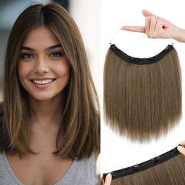 REECHO 12" Invisible Wire Hair Extensions with Thinner Softer Lace Weft Adjustable Size Removable Secure Clips in Short Straight Secret Hairpiece for Women (Ash Brown)