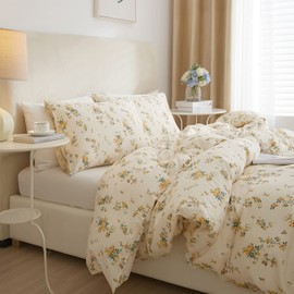 EAVD Vintage Style Garden Yellow Floral Comforter Set Queen White Soft Microfiber Chic Rose Floral Bedding Set with 2 Pillowcases Reversible Botanical Comforter Set for All-Season
