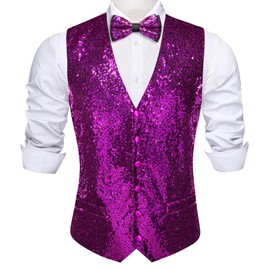 Barry.Wang Mens Sequins Vest Set V-neck Shiny Waistcoat Bowtie Set Prom Party Tuxedo Wedding for Men Dress Suit Vest S-3XL