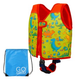 Go Swim Float Vest - *Includes Free Swim bag* Fixed Buoyancy Childrens Swim Jacket With Safety Strap. (Daring Dinos, Small)