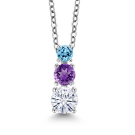 Gem Stone King Rhodium Plated Amethyst 3 Stone Pendant for Women & Chain  Moissanite 0.90ct