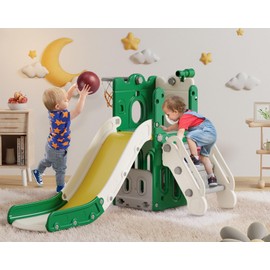 BIERUM 7 in 1 Toddler Slide, L-Shaped Baby Slide for Toddlers Age 1-3 with Basketball Hoop, Ring Toss, Storage Space, Outdoor Indoor Slide Playset Toddler Playground Green Yellow