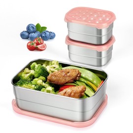 Tanjiae Stainless Steel Lunch Containers for Kids | Leak Proof BPA Free Snack Containers with 100% Pure Silicone Lids - Perfect Metal Food Containers with Lids for School and Daycare (25oz+8oz*2)