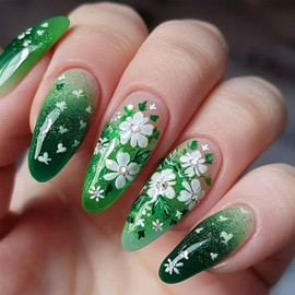 Green Gradient Press on Nails White Flowers with Rhinestone Design Stick on Nails Medium Almond Fake Nails Glossy Glisten Acrylic False Nails Full Cover Artificial Nails Kit for Women Girls 24Pcs