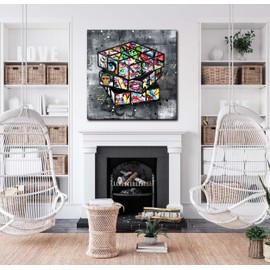 SIXTTART Black And White Canvas Wall-Art For Bedroom - Graffiti Abstract Wall Art For Boys Room Decor - Large Artwork For Wall Ready to Hang Size 40" x 40"