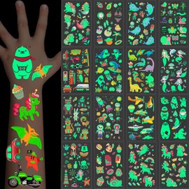 310pcs Luminous Temporary Tattoos for Kids, Mixed Style Glow in the Dark Tattoos, Fake Tattoos Body Face Stickers Decorations, Unicorn Mermaid Shark Dinosaur Pirate Favor Supplies for Boys Girls