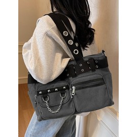 Ecohaso Goth Tote Bag Corduroy Shoulder Bags for Women Large Gothic Purse for College Work Office Travel (Light Grey)