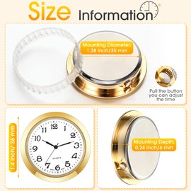 2 Paquetes Relojes Redondos de 1-7/16 Pulgadas Reloj de Oro de Insertar de Pared de Cara de Metal Mini Reloj Plateado con Números Arábigos Reloj de Escuela Fácil de Leer, Bisel Dorado y Plateado