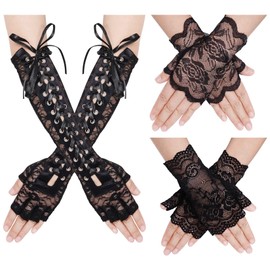 baotongle 3 Pairs Lace Fingerless Gloves Set Women's Long with Laces Opera Festival Party Elbow Laces Steam Punk Gloves for Fancy Dress Costume Wedding Masquerade Theme Party, black