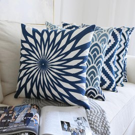 BAOKU 1PCS Blue Classical Embroidered Pillow Covers Decorative Cushion Covers Pillow Cover for Home Bed Room Decor 18X18 Inch 45x45cm