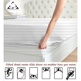 RECCI Flex Top King Size 100% Egyptian Cotton 1000TC - Split Top Sheets for Sleep Number Bed 4Pcs Flex Head King 28" Top Split Sheets to fit Upto 18" Deep Mattress, White Stripe