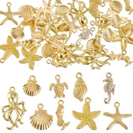 SUNNYCLUE 1 Box 54Pcs 9 Styled Gold Sea Charms Ocean Charms Bulk Alloy Turtle Starfish Seahorses Mermaids Sea Animal Conch Summer Beach Charm for jewellery Making Charms Women DIY Necklace Earring