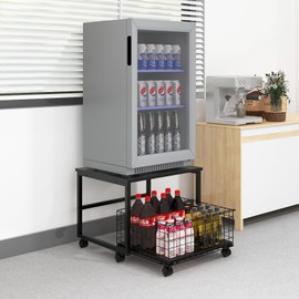 PUNCIA 19.7x19.7in Mobile Mini Fridge Stand with Large Capacity Storage Beverage Refrigerator Table with Wheels Rolling Compact Fridge Cart Heavy Duty Appliance Platform with Basket for Home Office