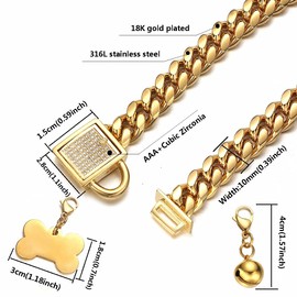Aiyidi Gold Cuban Chain Dog Collar with Bling Cubic Zirconia Secure Buckle, Golden Dog tag, Golden Bell, Stainless Steel Chain Dog Collars for Walking Training, Width 10mm,Length 10- 26inch (12inch)