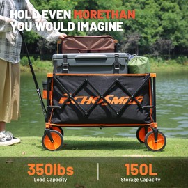 EchoSmile Collapsible Foldable Wagon Cart with 350lbs Weight Capacity, Heavy Duty Folding Utility Sport Wagon with Removeble Wheels for Camping,Grocery,Garden,Beach,Orange&Black
