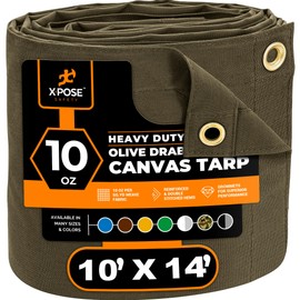 Xpose Safety Canvas Tarp - 10oz Olive Drab Canvas Tarps Heavy Duty Water Resistant with Brass Grommets- Multipurpose Outdoor Tarpaulin for Camping, Canopy, Trailer, Equipment Cover 10' x 14'