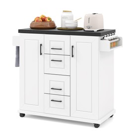 Giantex Kitchen Island with Storage, Rolling Kitchen Island Cart w/ 4 Drawers, Door Cabinets with Shelves, Spice Rack, Towel Rack, Island Table with Lockable Wheels for Kitchen Bar Dining Room, White