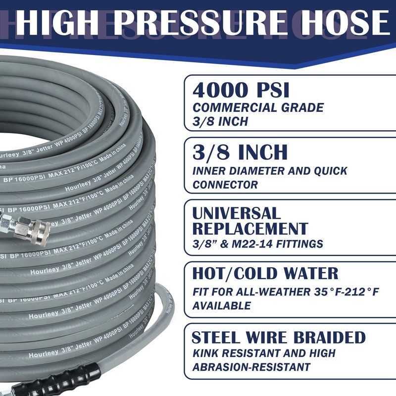 Hourleey Pressure Washer Hose 100FT, Kink Resistant High Tensile Wire