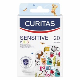Curitas Venditas Adhesivas Sensitive Kids, hipoalergénicas ideal para piel sensible con diseños de animales protegen la herida contra la suciedad y bacterias, 20 piezas