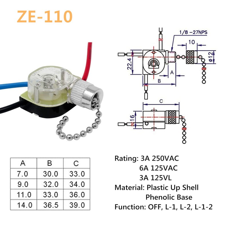 Ceiling Fan Pull Switch Zing Ear ZE-110 3 Wire 3