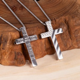 FUNPAR American Flag Cross Breathing Necklace, Stainless Steel Patriotic Jewelry, Inspirational Bible Verse Cross Necklace, Anxiety Relief Items for Men Christian Gift(Silver 41:10)