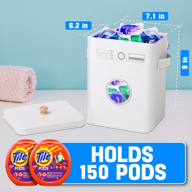 Skywin Metal Laundry Pod Container with Lift-Up Lid Wooden Handle