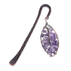 Loveliome Handmade Tumbled Gemstones Antique Copper Metal Bookmark Chakra Healing Crystals Tree of Life Charm, Amethyst