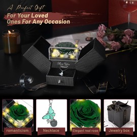 DRTINA Preserved Green Real Rose with I Love You Butterfly Necklace-Eternal Flowers Rose Birthday Gifts for Women Wife Mom Girlfriend Grandma on Mothers Day Valentines Anniversary Christmas Romantic