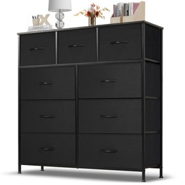 Dresser for Bedroom with 9 Drawers, Anti-Tip Tall Fabric Chests Storage Organizer Tower Furniture with Wooden Top Metal Frame for Clothes, Closet, Living Room, Hallway, Entryway