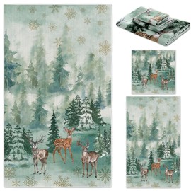 Preboun 3 Pack Winter Bathroom Towels Set Christmas Wonderland Hand Towels for Bathroom Christmas Trees Bath Towels Snowflakes Dish Towels Reindeer Washcloth for Bathroom Kitchen Hotel Beach Gym Spa