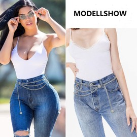 JasGood Multi-layer waist chain belt, women's adjustable body link belt for denim dresses, 3-Sliver