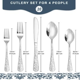 Runfly Vintage Carved Stainless Steel 20 Pieces Flatware Set, Silverware Set, Modern Embossed Cutlery Set Utensils Including Fork Spoon and Knife
