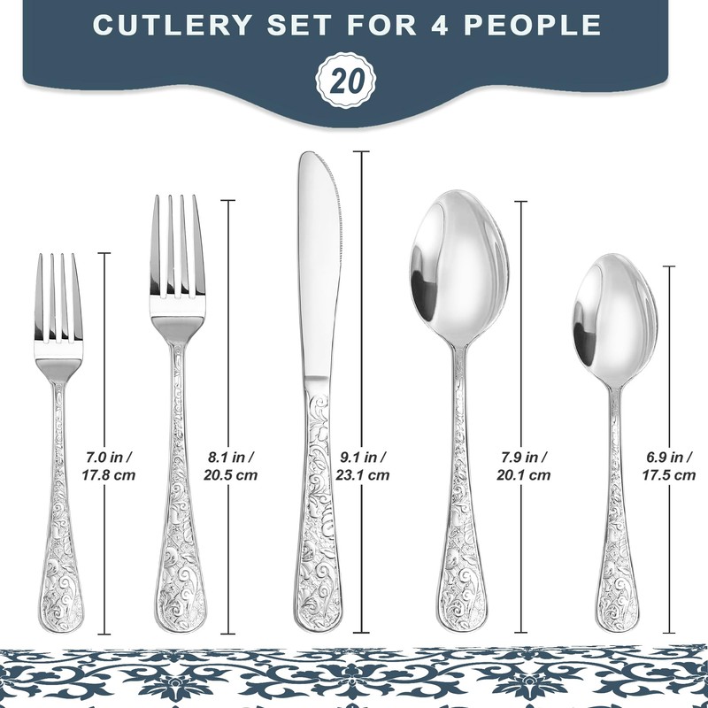 Runfly Vintage Carved Stainless Steel 20 Pieces Flatware Set, Silverware
