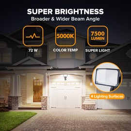 LUTEC 72W 7500LM LED Security Lights Motion Sensor Light Outdoor, 5000K Daylight, IP65 Waterproof, Dusk to Dawn, 3-Head Motion Detected Flood Light for Garage, Yard, Porch(Black)
