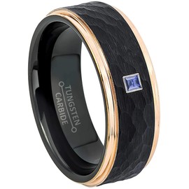 0.05ctw Princess Cut Tanzanite Birthstone Tungsten Ring - 2-Tone Black & Rose Gold Hammered Tungsten Carbide Mens Wedding Band - December Birthstone Ring - YG Bezel