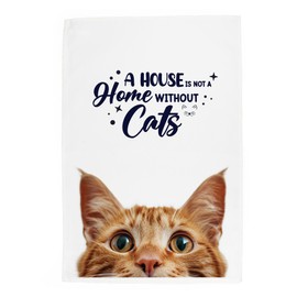 Peeping Cat Tea Towel - A House is not a Home Without Cats - Ginger Cat Gift Panama Cotton Kitchen Dish Towel/Drying Cloth - 67cm x 45cm