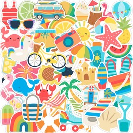 Obujopal 50Pcs Summer Stickers, Cute Vinyl Waterproof Tropical Beach Theme Decals for Kids Water Bottles Laptop Stationery Notebook Skateboard, Sun Surf Party Favors (2-3 Inch)